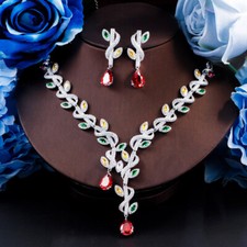 Beautiful Women Silver Plated Cubic Zirconia Long Leaf Drop Wedding Jewelry Set