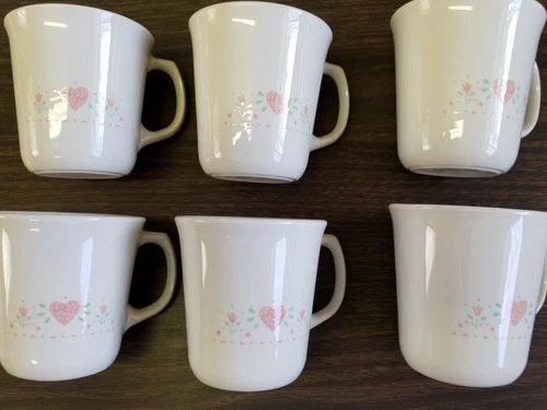 Vintage Corning USA ~  Set of Six (6) ~ Heart Coffee Mugs ~ Creme ~ Green ~ Pink