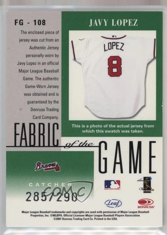 2001 Leaf Certified Materials Fabric of the Game Career Stats /290 Javy Lopez - Image 2 of 2