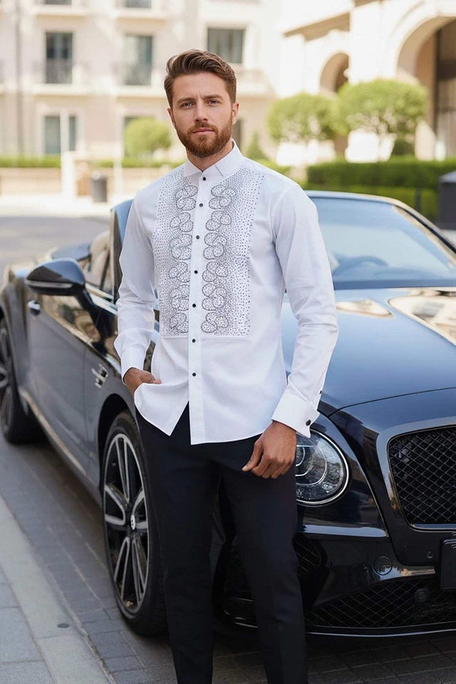 Barabas Men's Symmetrical Rhinestone Long Sleeve Shirt 4TXR07 - Image 2 of 4