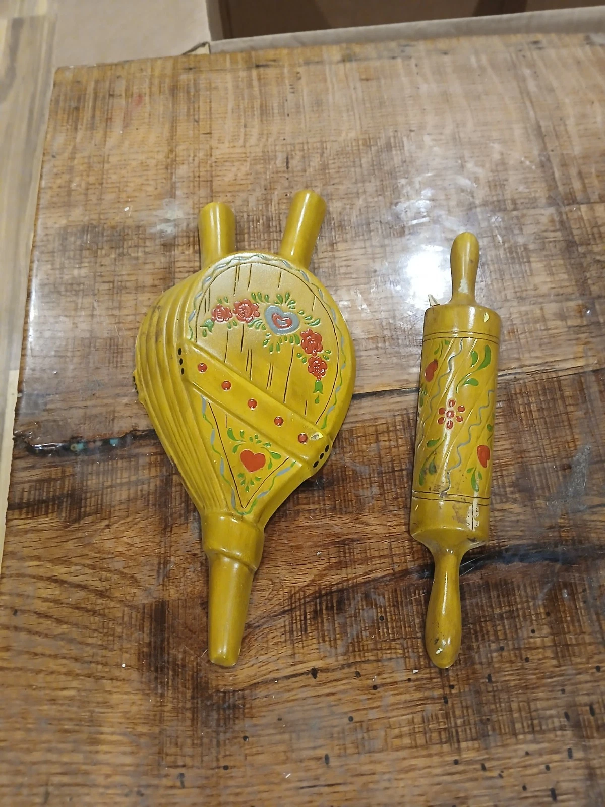 Vintage Mid Century Folk Art Kitchen Wall Decor Set Bellows Rolling Pin