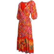Farm Rio Orange Tropical Floral Wrap Midi Dress XS Puff Sleeve Tiered Beaded Tie