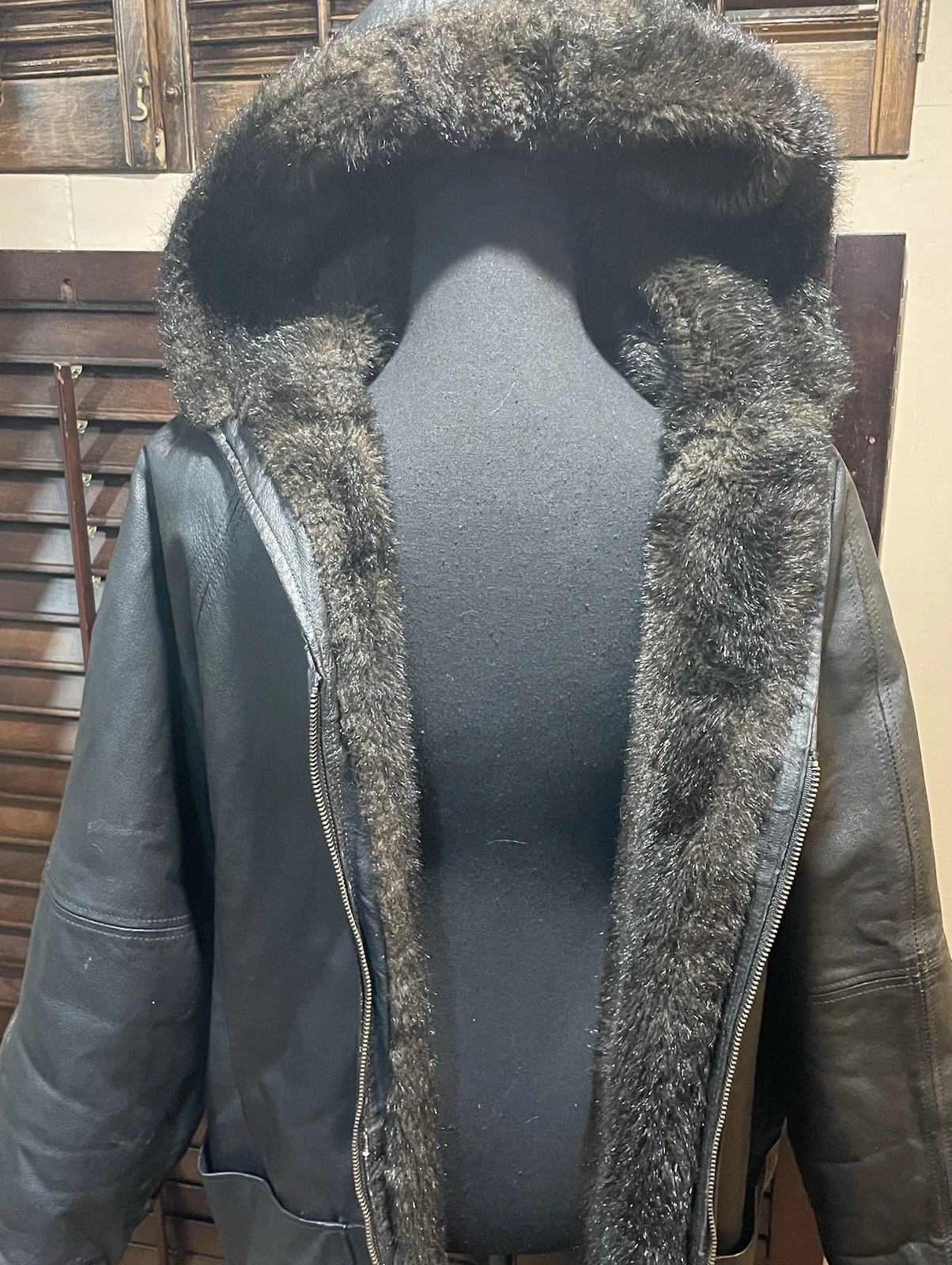 Reversible Leather Jacket Faux Fur with Hood John Weitz Unisex Size M Brown