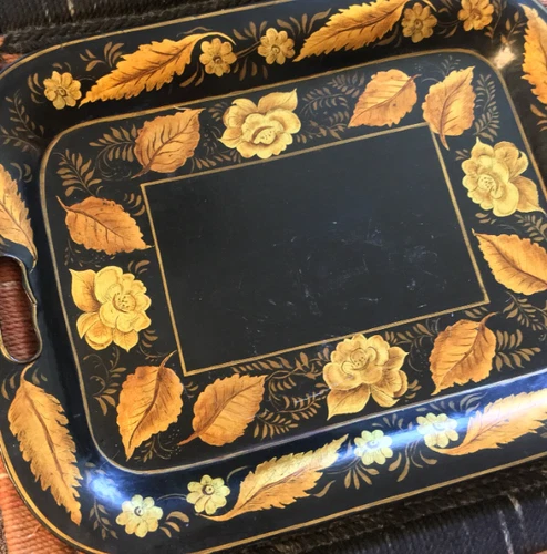 VTG Large Toleware Serving Tray Black & Gold Cottagecore 1960 signed - 13×17