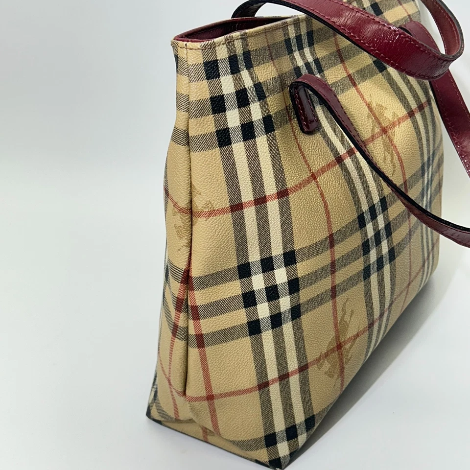 Burberry London Nova Check Tote Handbag Red Handle Strap Beige Plaid - Image 4 of 4