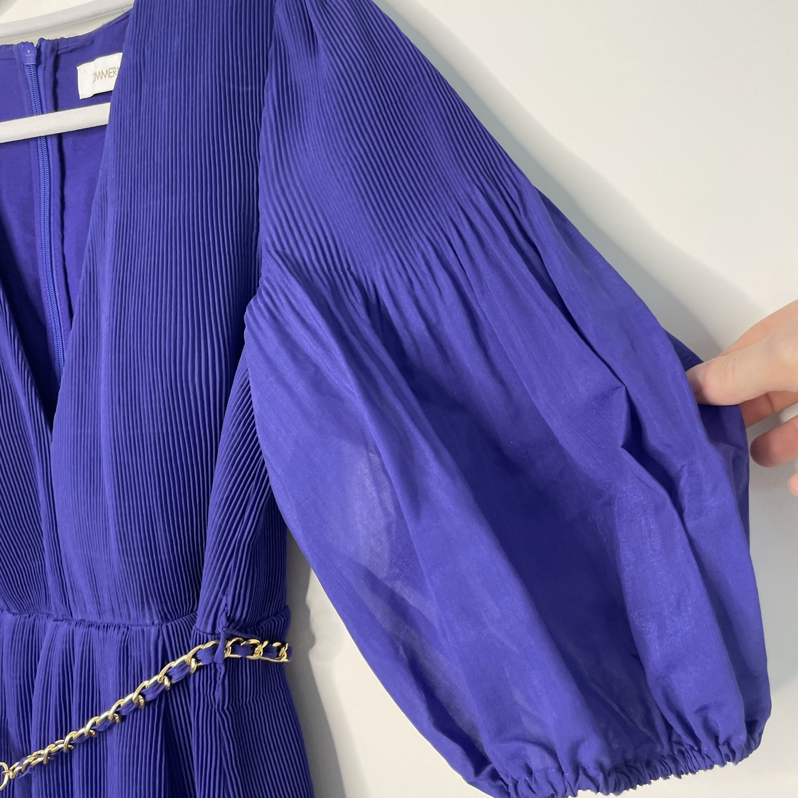 Zimmermann Dress Size 2/AU 12/US 8 Pleated Plissé Gold Chain Belted Lapis  Midi