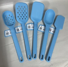 CWC Set of 5 LT Blue Silicone Kitchen Tools Turner Spoon Spatula Slotted Spoon