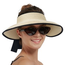 Sun Visor Hats For Women Straw Wide Brim UV Protection Packable Summer Beach