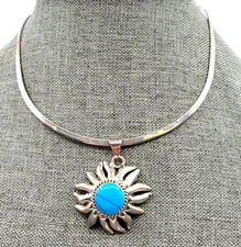 Vintage Turquoise Sun Pendant Mexico Taxco Torc Necklace
