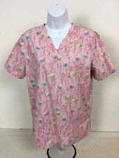 SB Scrubs Scrub Top Womens Size S Pink w Purple Blue Green Flowers Pockets