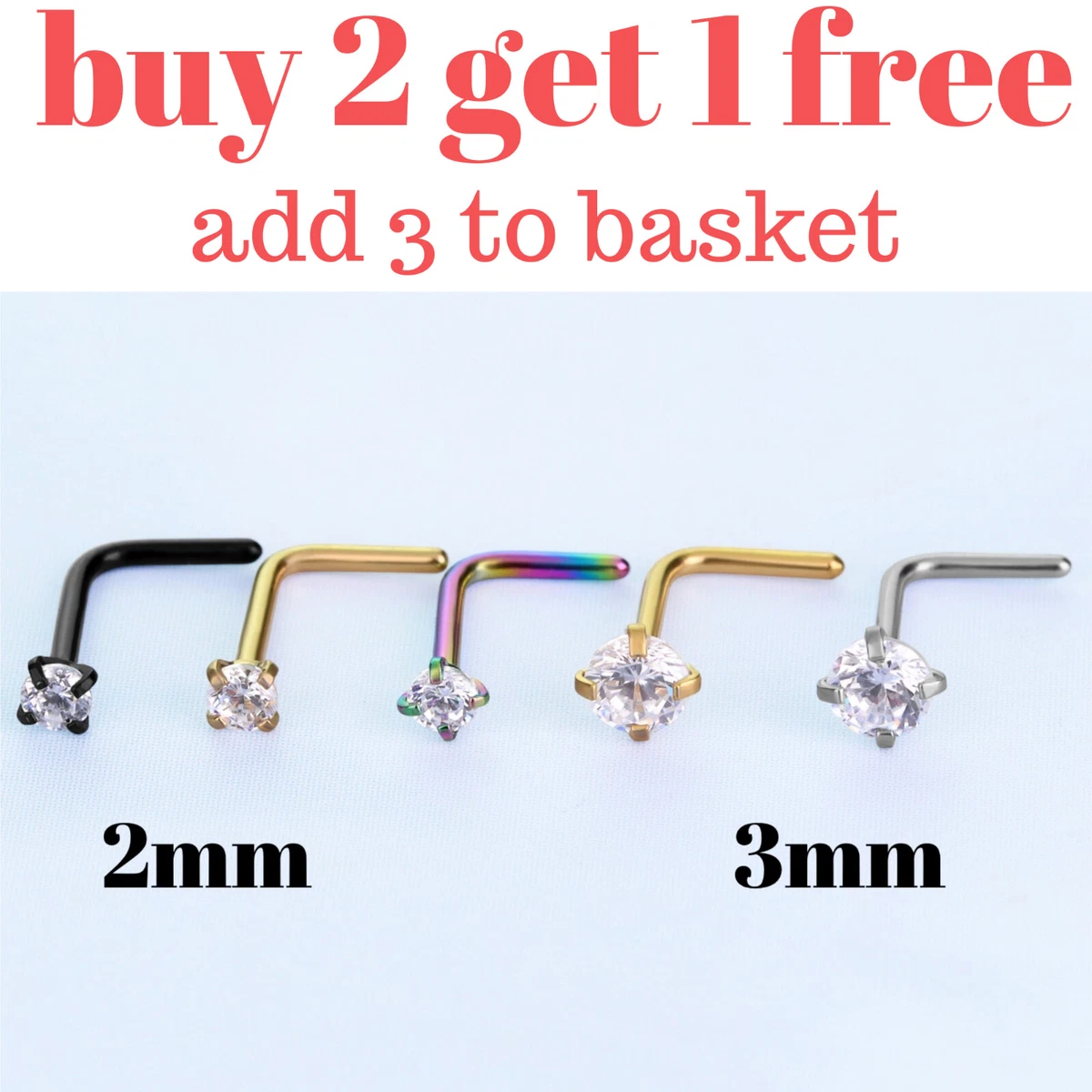 Clawset Gem Nose Stud Surgical Steel Ring Hoop Bone End Pin Piercing UK L Shape