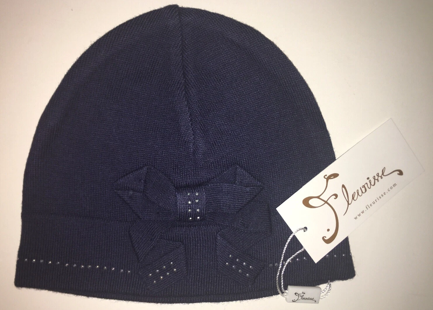 Fleurisse Blair Navy Merino Wool Beanie Silver Bow Baby Girl Sz 52 4Y-6Y Hat NWT