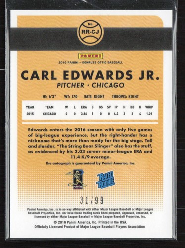 2016 Donruss Optic #RR-CJ Carl Edwards Jr. Auto Signature Orange #/99 Cubs (JT) - 第 2/2 張圖片