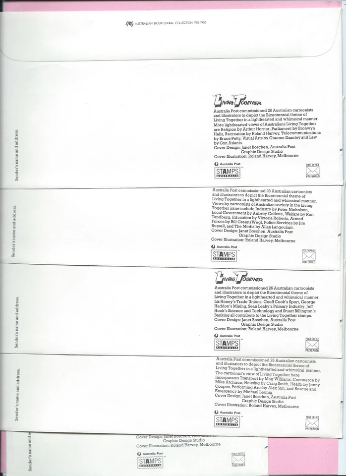 AUSTRALIA 1988 Juego de 5 FDC's - VIVIR JUNTOS (26 sellos) dibujos animados - H/sellos Foto 2 de 2
