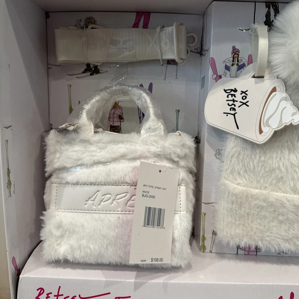 Betsy Johnson Cartera Regalo Caja 4 Piezas Bandolera Bolso de Mano Piel Blanca CONJUNTO SOMBRERO Foto 2 de 4