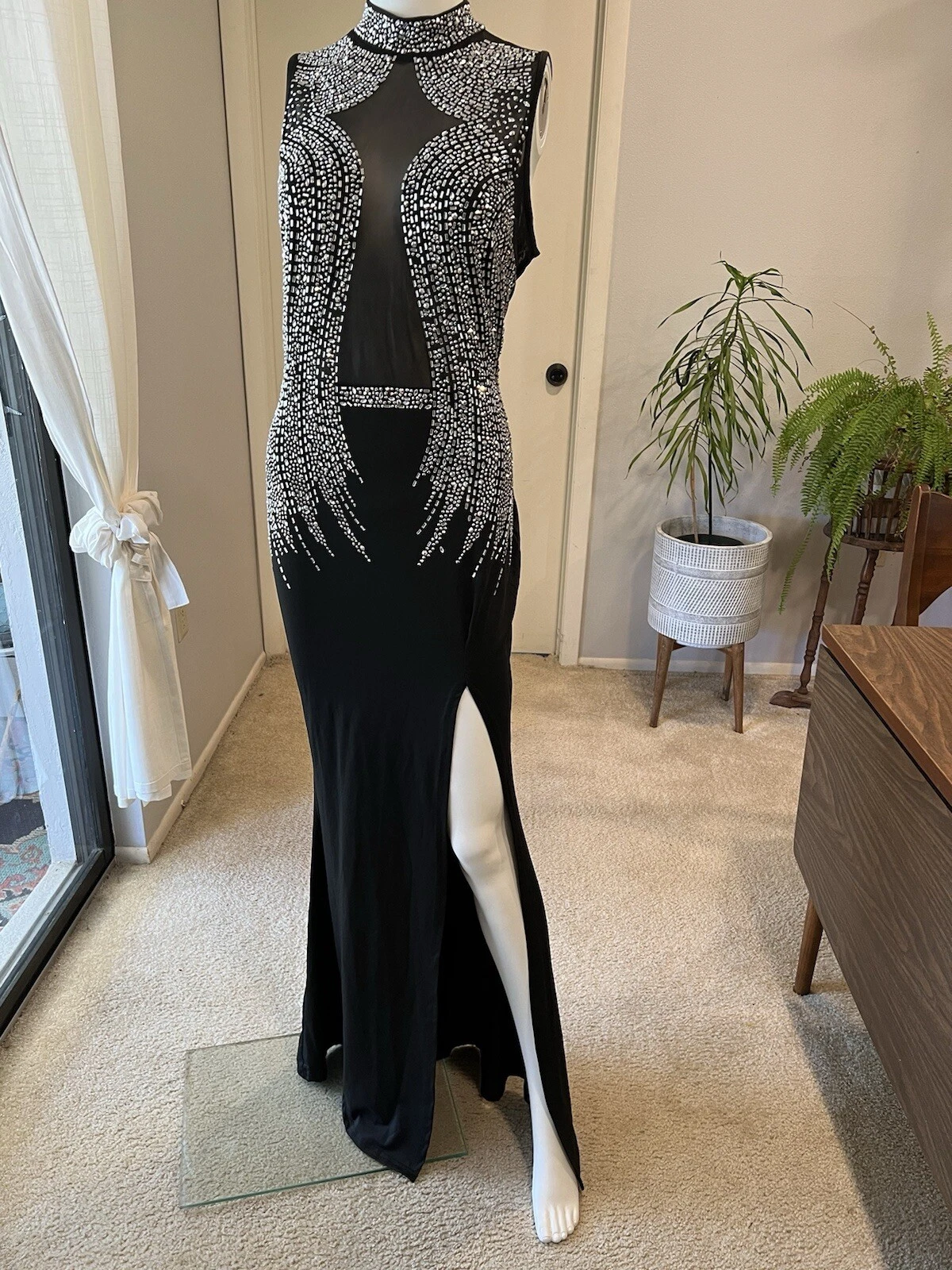 UNDERCOVER Nagfar Vestito Donna Strass Lungo Senza Maniche Maxi Spacco Nero Taglia XL