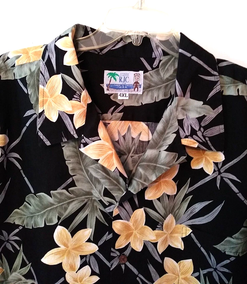 CAMISA HAWAIANA VINTAGE RJC NEGRA FLORAL ALGODÓN GRANDE PARA HOMBRE 4XL HECHA EN HAWAII Foto 2 de 3