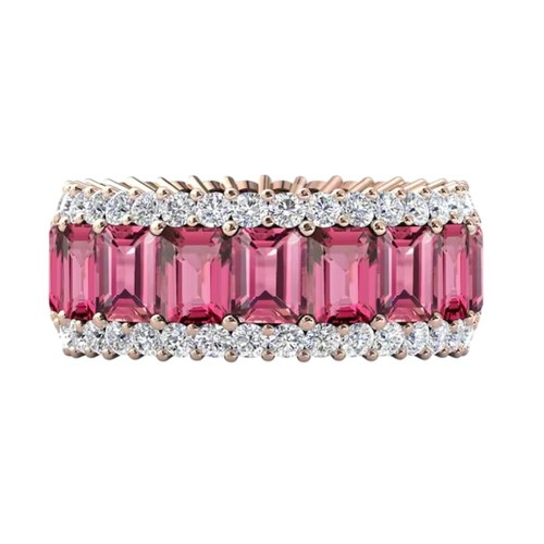 Pink Tourmaline Eternity Engagement Band For Women 13.00 Carat Emerald Cut 6x4MM - Picture 3 of 6