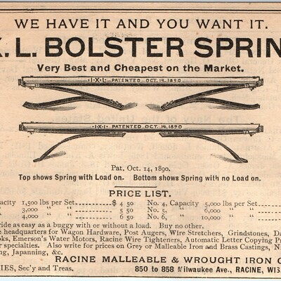 Vtg 1890 IXL Bolster Spring Wagon Hardware Print Ad Racine Wis Malleable Iron Co