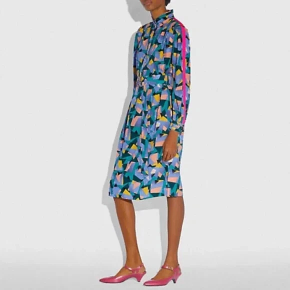 COACH DONNA AUDACE GEO MOCK ABITO COLLO CON RIGHE SPORTIVE TAGLIA 4 VERDE BLU medio