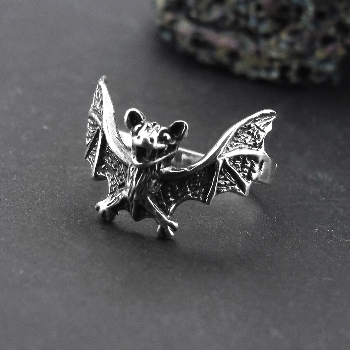 Bat Flying Open Mouth and Wings Sterling Silver 925 Ring. Sizes L M N P R T