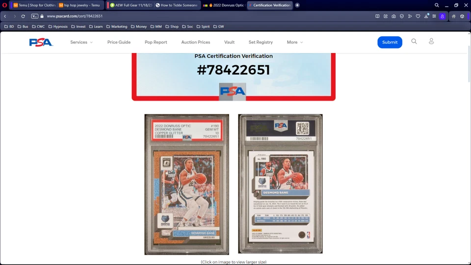 DESMOND BANE 2022 Panini Donruss Optic CASE HIT COPPER GLITTER /99 PSA 10 POP 1 - Image 4 of 4