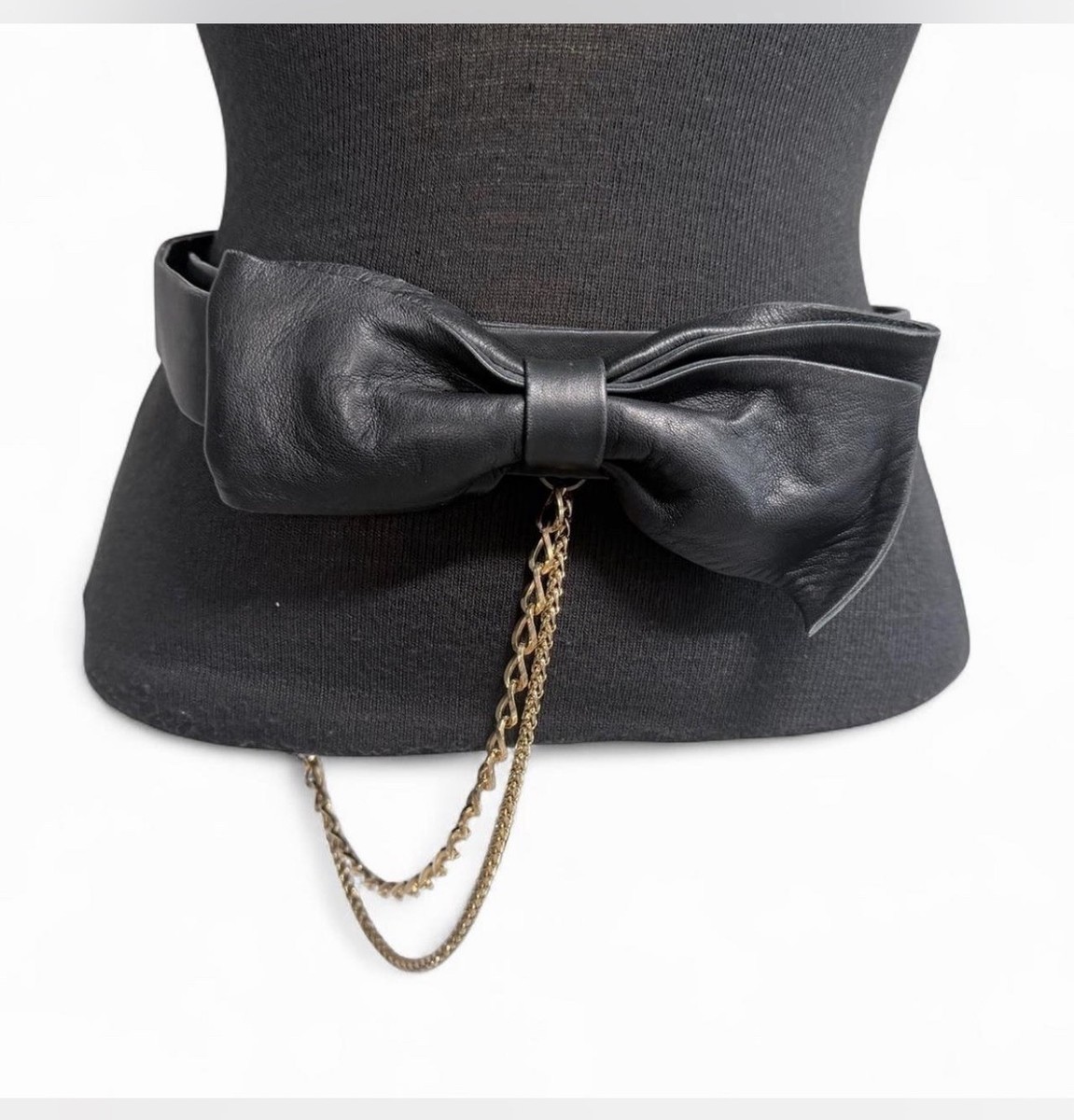 Suzi Roher Black Leather Bow Belt Gold Chain Waist Belt Y2K  display picture 1