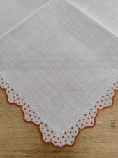 Vgt Red Embroidered Dots Border White Semi Sheer Cotton Hankie Handkerchief