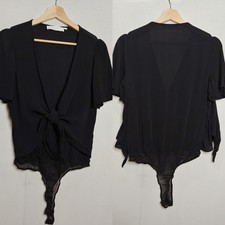 Astr Bodysuit Cap Flutter Sleeve VNeck Wrap Front Thong Black Medium M