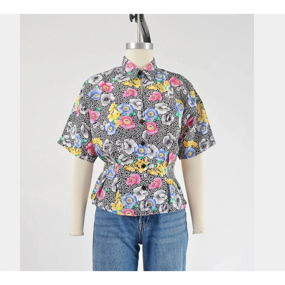 Blusa Floral Romántica Vintage Años 80 a 40 Cintura Cortada Cuello Top Talla S M Foto 3 de 4