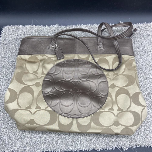Borsa Coach Signature Laura beige marrone tela pelle F18335 tracolla 13x16