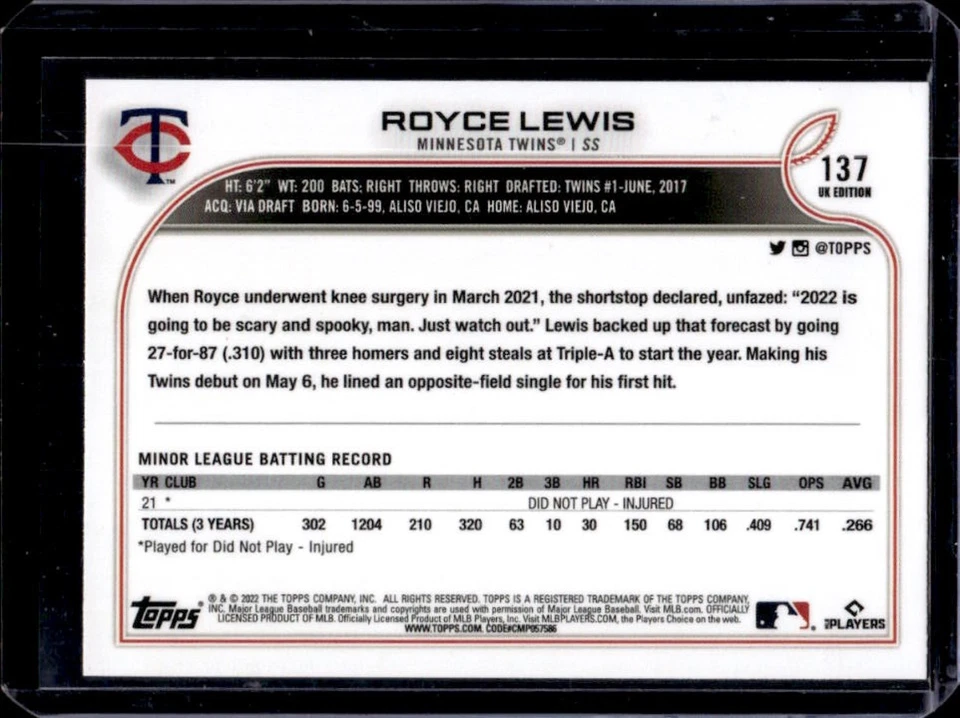 2022 Topps UK Edition Royce Lewis RC Rookie #137 Twins - Image 2 of 2