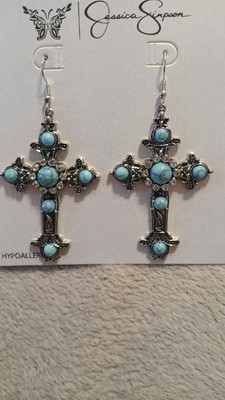 Jessica Simpson Cross Dangle Drop Earrings Turquoise Blue Silver Metal Hypoalle 