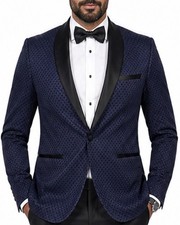 Elegant men's tuxedo sport coat dark blue with elegant shiny fabric satin shawl collar
