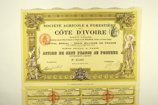 SOCIETE AGRICOLE ET FORESTIERE DE LA COTE D IVOIRE ACTION 100 FRANCS PARIS 1911