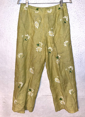Vtg Talbots 100% Irish Linen sz 6 Pants Daisy Embroidered Floral High Rise Lined