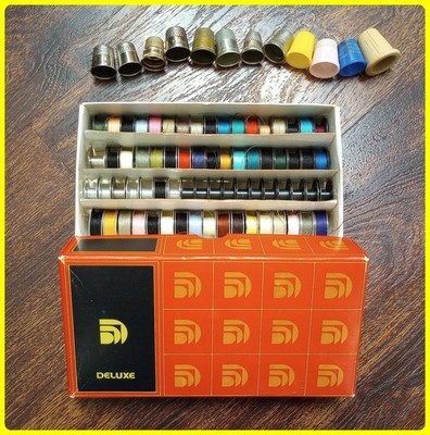 Sewing Machine Bobbins Deluxe Lot Of 69 Metal Bobbins & 12 Thimbles Original Box