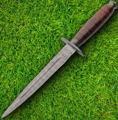 Damascus Tanners Edge Fixed Dagger 7.75'' Damascus Steel Blade Leather Handle