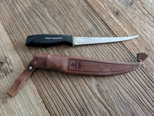 NORMARK FISKARS FIshing Filet Knife w/ Leather Sheath Finland Crest Emblem 1967