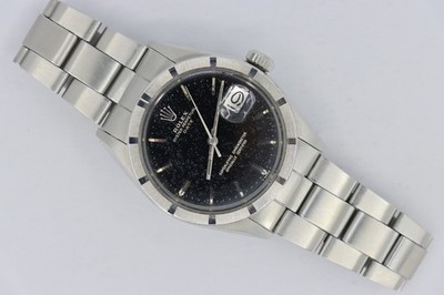 Rolex Date 1501 Aventurine-Like Black Dial Engine Turned Bezel Fold Over Band