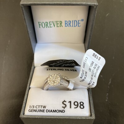 Forever Bride 1/3 CTTW Genuine Diamond SS Bridal Ring Set Size