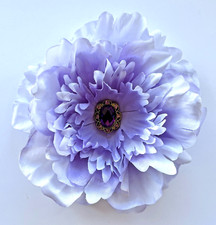 Large 6" Purple Lavender Peony Silk Flower BROOCH PIN Purple Rhinestone Cabochon