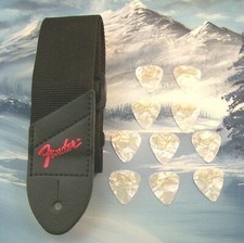 GUITAR STRAP  GENUINE FENDER  BLACK w/ RED LOGO  10 THIN WHITE M 351 PICKS