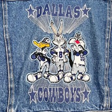 Vtg Dallas Cowboys Denim Hoodie Vest 1993 Looney Tunes Nflp Fits Womens Sm Crop