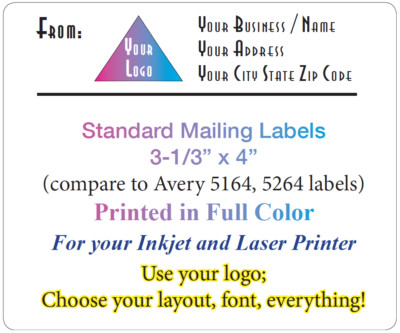 Custom Printed Mailing Labels 3-1/3 x 4'' Full Color, Inkjet Laser Printer (5164)