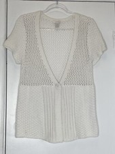 Chico's Crochet Top Size 2 White Top 100 Cotton Vest One Button Gorgeous