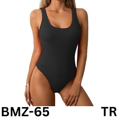 Limeeke Women 1pc Solid Ribbed Monokini Swimwear Scoop Neck Swimsuit Black S-M-L