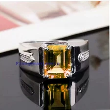 Natural Citrine & CZ Gemstones with 925 Sterling Silver Ring For Men's #4710