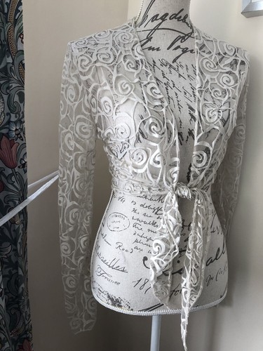 Obsession ladies top/ cropped front tie beige mesh long sleeve Size M/10