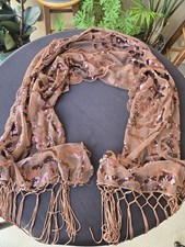 Brown Sheer Sequin Scarf Floral Embroidery Fringe Evening Wrap